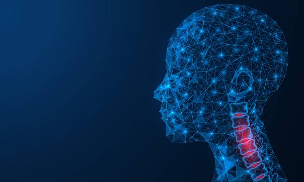 Disease of the cervical spine. Medical concept with a pain in the neck. Disease of the cervical spine. Medical concept with a pain in the neck. Polygonal human head. Construction of lines and dots. Blue background. neck stock illustrations
