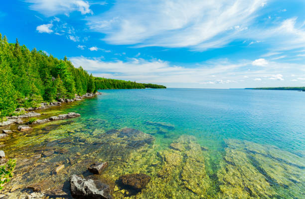gorgeous inviting view of Bruce Peninsula park landscape, grounds with tranquil, turquoise clean water stock photo