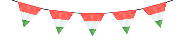 istock Bright and festive garland with triangular flag of Hungary. Red, white, green colors. Hand drawn watercolour graphic illustration, cut out clipart elements for design, print, invitation, card, poster. 1271824387