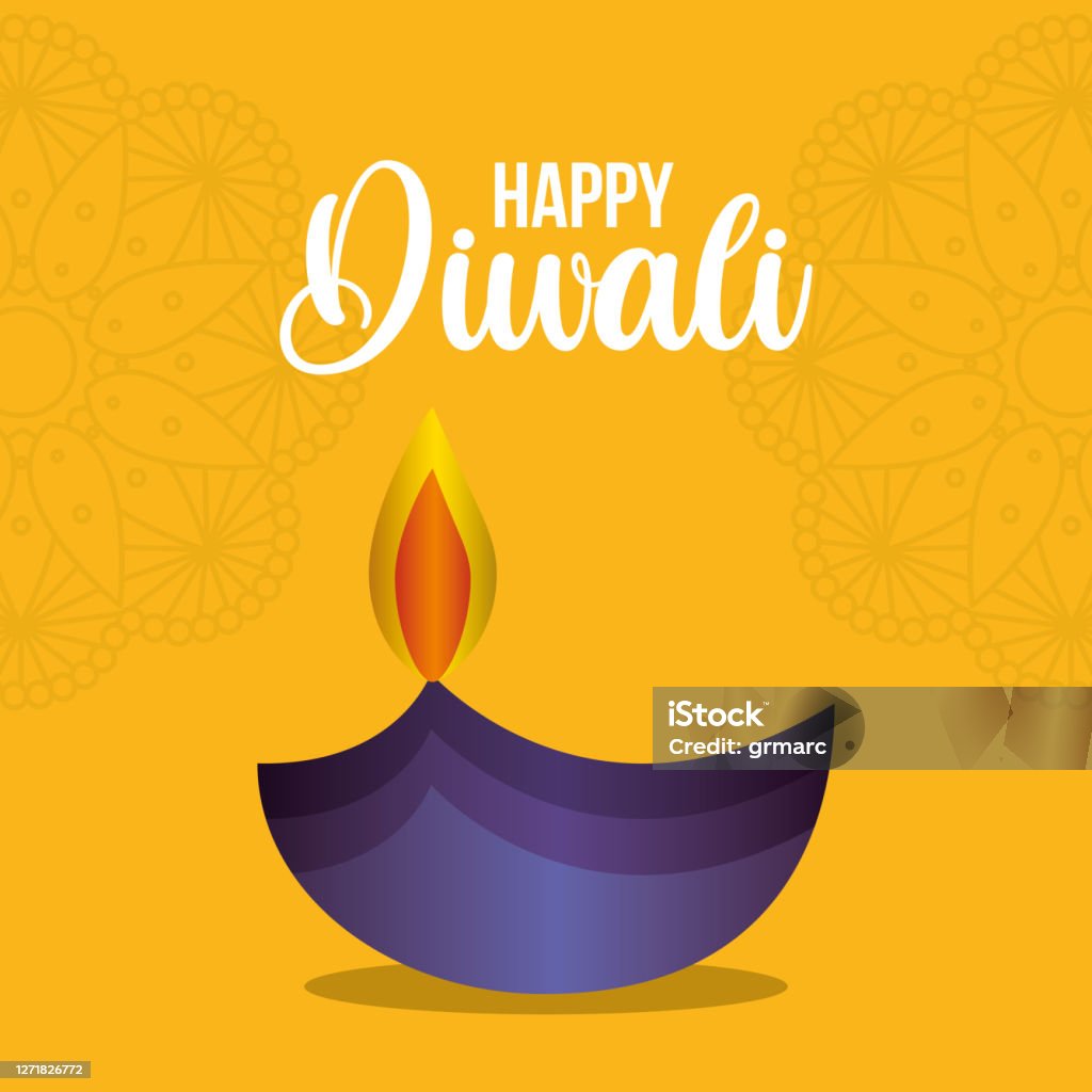 Happy Diwali Candle On Yellow With Mandalas Background Vector ...