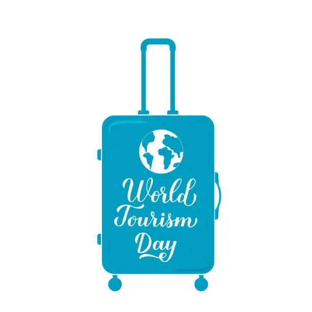 Vector illustration of World Tourism Day calligraphy hand lettering on blue suitcase. Vector template for typography poster, greeting card, postcard, banner, flyer, sticker, t-shirt, etc