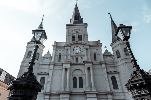 The facade of Saint Louis Cathedral on Jackson Square in New Orleans.