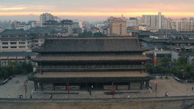 Aerial view of Ancient City Wal at sunset,Xi'an,China.