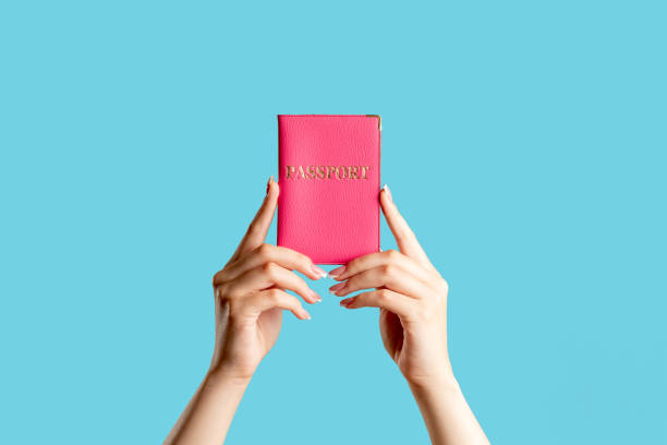 national identity visa center hands passport pink National identity. Visa center. Female hands holding foreign passport in pink cover isolated on blue copy space background. Immigration service. Legal document. blue us passport cover stock pictures, royalty-free photos & images