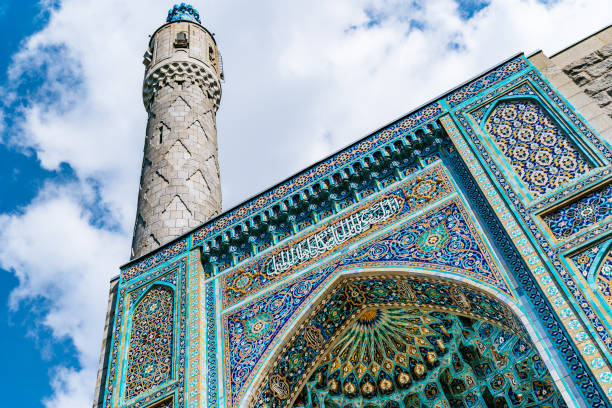 Portal and minaret of the Saint Petersburg Mosque, decorated with traditional oriental patterns and mosaics.