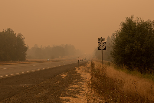 Stayton, Oregon, USA - August 10th, 2020: Wildfires continue in Western Oregon. Heavy smog turns daytime to dusk. Highway 22 closed for go through traffic