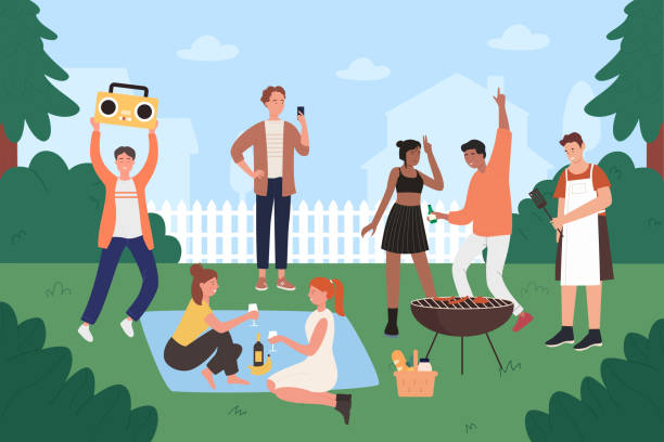 illustrations, cliparts, dessins animés et icônes de les gens sur l’illustration vectorielle de partie de bbq, les jeunes amis de hipster plat de dessin animé s’amusent sur le pique-nique de gril de bbq à l’extérieur, la cuisson sur le gril, mangeant le fond de nourriture grillé - barbecue grill illustrations