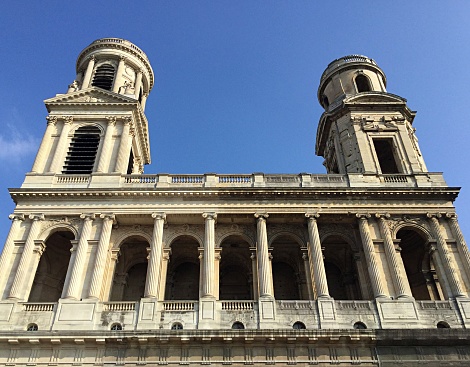 Paris, France October 11, 2018: Église Saint-Sulpice is the second largest church in Paris and took 100 years to complete.