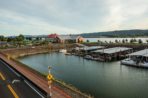 Kalama, Washington, USA - August 7th, 2020: Kalama marina area. Columbia river and McMenamins Kalama Harbor Lodge on the background