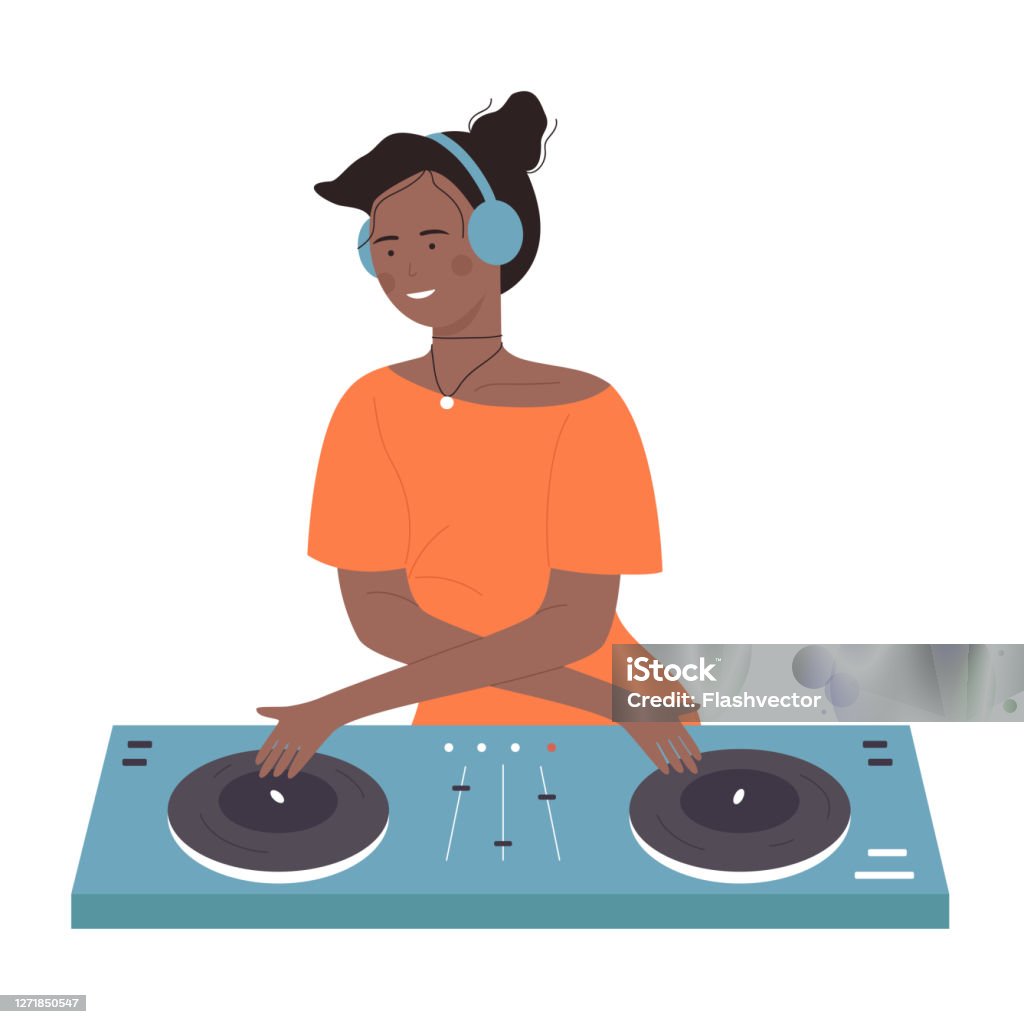Black African American Young Dj Woman On Musical Party Vector Illustration  Cartoon Flat Female Girl Dj Character With Turntable Mixer Making  Contemporary Music In Night Club Spinning Disc Isolated Stock Illustration -