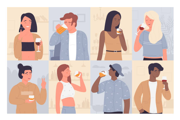 illustrazioni stock, clip art, cartoni animati e icone di tendenza di set di persone che bevono, uomo donna carattere bere bevanda alcolica, in piedi con bicchiere di vino, birra - beer wine drink collection