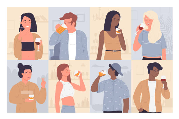 Drinking people set, man woman character drink alcoholic beverage, standing with glass of wine, beer Drinking people vector illustration set. Cartoon flat adult man woman characters drink alcoholic beverage, young happy girl and guy standing with glass of wine, beer at party collection background beer alcohol stock illustrations