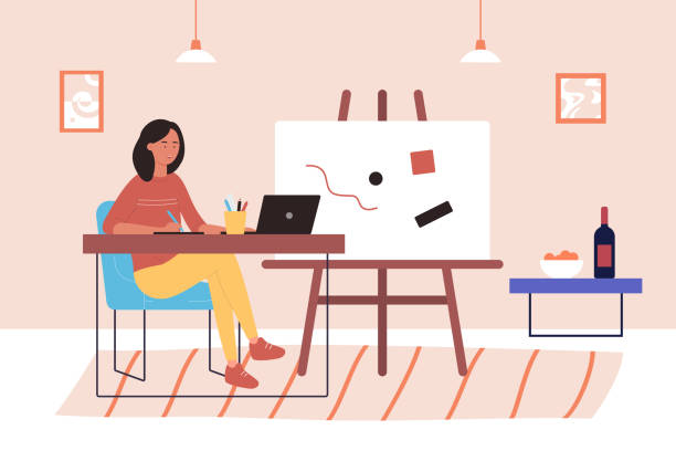 istock Freelance illustrator art work, cartoon happy young woman freelancer artist working with laptop 1271850789