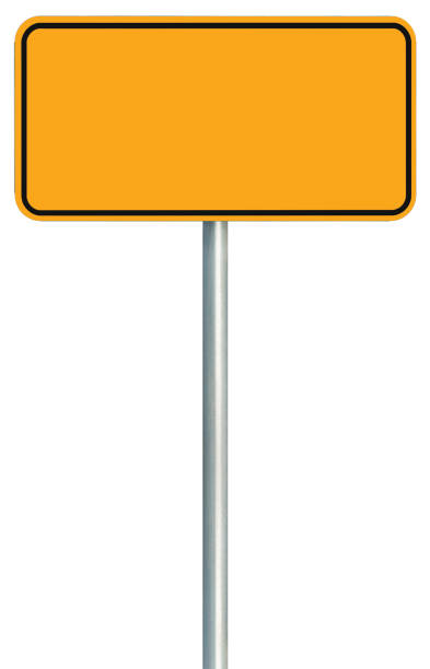 Blank Yellow Road Sign Isolated, Large Warning Copy Space, Black Frame Roadside Signpost Signboard Pole Post Empty Traffic Signage stock photo