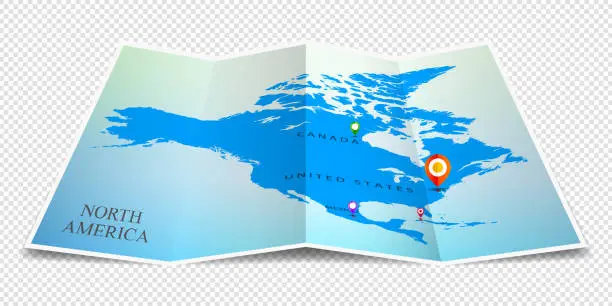 Vector illustration of Vector folded map of North America with capital city