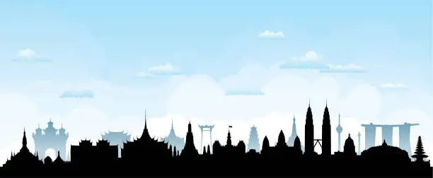 Vector illustration of Southeast Asia Skyline Silhouette (All Buildings Are Detailed, Complete and Moveable)