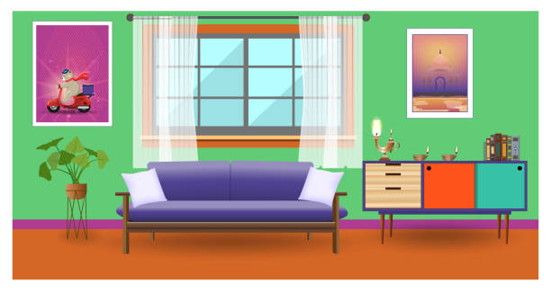 Living room interior with india furniture style and Oil Lamps (Diya) for Diwali celebration. Vector illustration. Living room interior with india furniture style and Oil Lamps (Diya) for Diwali celebration. Vector illustration. diwali home stock illustrations