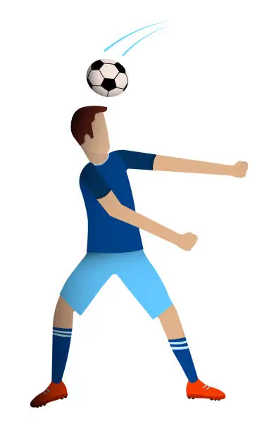 Vector illustration of footballer, man is playing soccer. Ball unexpectedly hit the player in head. Injury during the competition. Team sports. Isolated vector in flat style