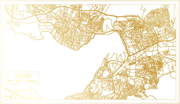 ilustrações, clipart, desenhos animados e ícones de izmir turkey city map em estilo retrô em golden color. mapa de contorno. - izmir