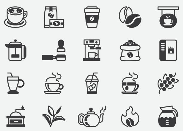 illustrations, cliparts, dessins animés et icônes de coffee and tea.coffee cafe vector line icon set.contains telles icônes comme hot coffee.coffee machine.pixel perfect icons - leaf cup breakfast drink