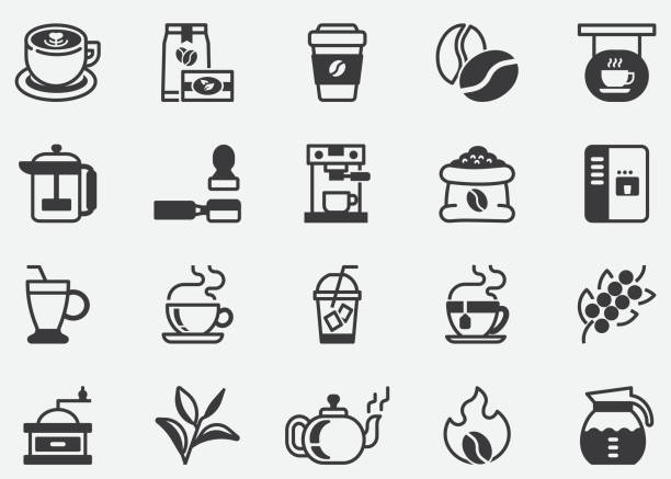 ilustrações, clipart, desenhos animados e ícones de conjunto de ícones da linha vetorial do café e café.contém ícones como hot coffee.coffee machine.pixel ícones perfeitos - thailand restaurant cocktail bar