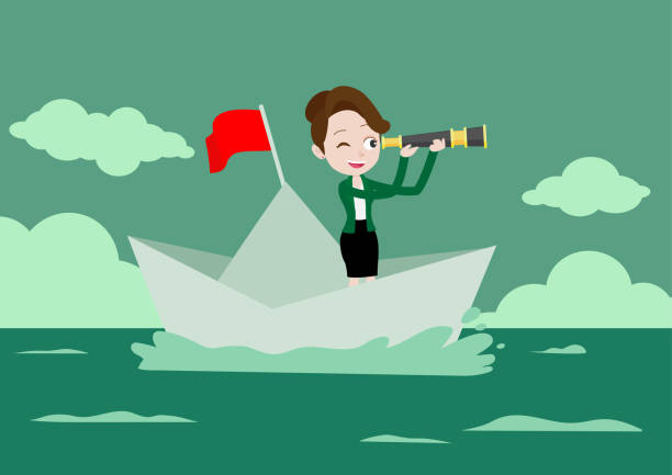 ilustrações de stock, clip art, desenhos animados e ícones de businesswoman standing on origami white boat and holding spyglass looking for success - star nautical vessel one person direction