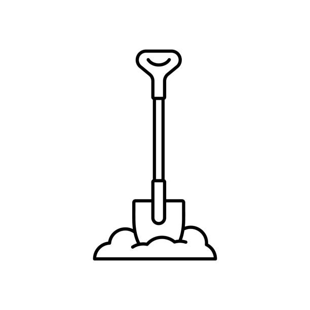 Bayonet shovel stuck in pile of earth Bayonet shovel stuck in pile of earth. Linear heap of soil and digging tool. Black simple illustration of gardening, uproot, excavation, bury. Contour isolated vector icon on white background bayonet stock illustrations