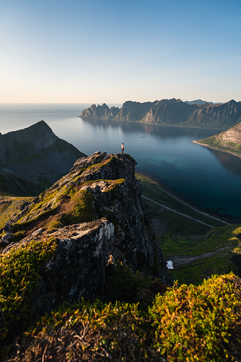 A woman standing on top of Husfjellet mountain peak in Senja island in summer season, Norway, Scandinavia