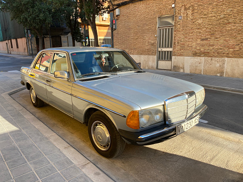 Valencia, Spain - September 10, 2020: vintage Mercedes-Benz model in very good condition parked in the street. It is not unusual to see cars like this in the city