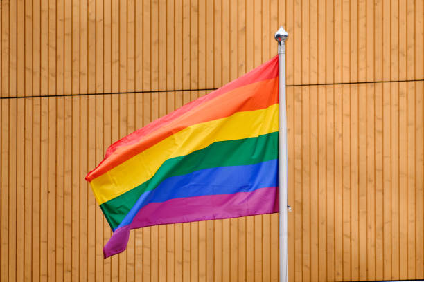 istock The pride flag on a white flagpole against the wooden wall. 1271876162