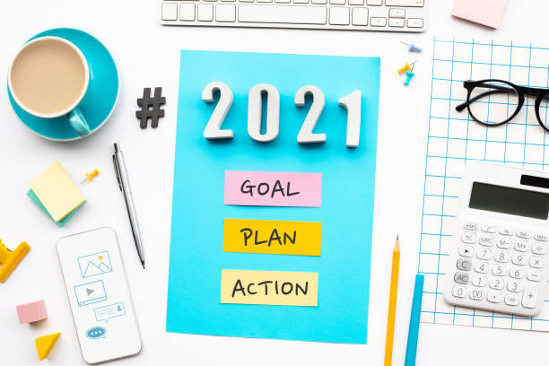 New year 2021,goal,plan,action text  with modern office accessories.Business management,Inspiration concepts
