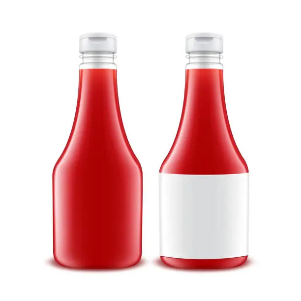 Vector illustration of Vector Set of Blank Glass Plastic Red Tomato Ketchup Bottle for Branding with White label Isolated on White Background