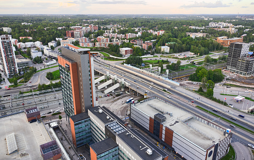 Aerial view of the business center, railway station, and Keha road in Leppavaara district of Espoo, Finland.