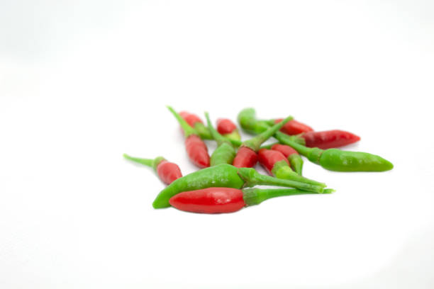 Bird's Eye Chilli Green and Red on White Isolated Background.
