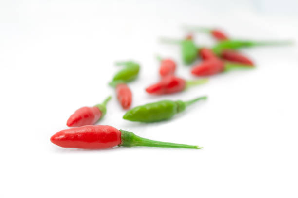 Bird's Eye Chilli Green and Red on White Isolated Background.