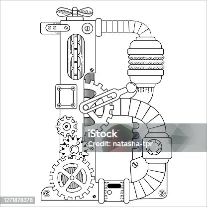 istock Vector Steampunk coloring book for adults. Mechanical letter alphabet made of metal gears and various details on white background. Capital letter B 1271878378