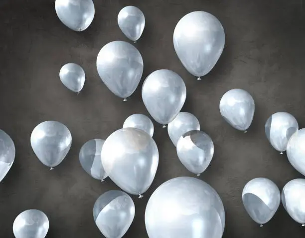 White air balloons on a dark concrete background. 3D illustration render