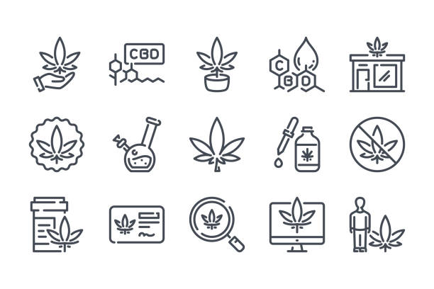 Cannabis related line icon set. Cannabidiol linear icons. Marijuanas outline vector signs and symbols collection. Cannabis related line icon set. Cannabidiol linear icons. Marijuanas outline vector signs and symbols collection. blunt stock illustrations