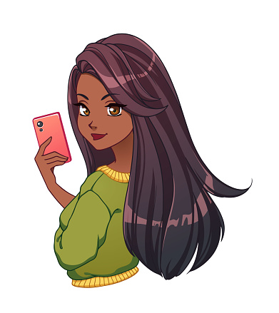Pretty Cartoon Girl With Tan Skin And Long Black Hair Taking Selfie Stock  Illustration - Download Image Now - iStock