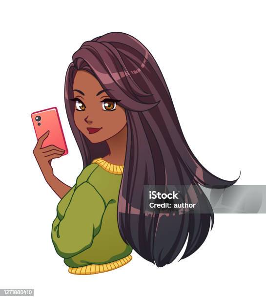 Pretty Cartoon Girl With Tan Skin And Long Black Hair Taking Selfie Stock Illustration - Download Image Now - iStock Pretty Cartoon Girl With Tan Skin And Long Black Hair Taking Selfie Stock Illustration - Download Image Now - iStock