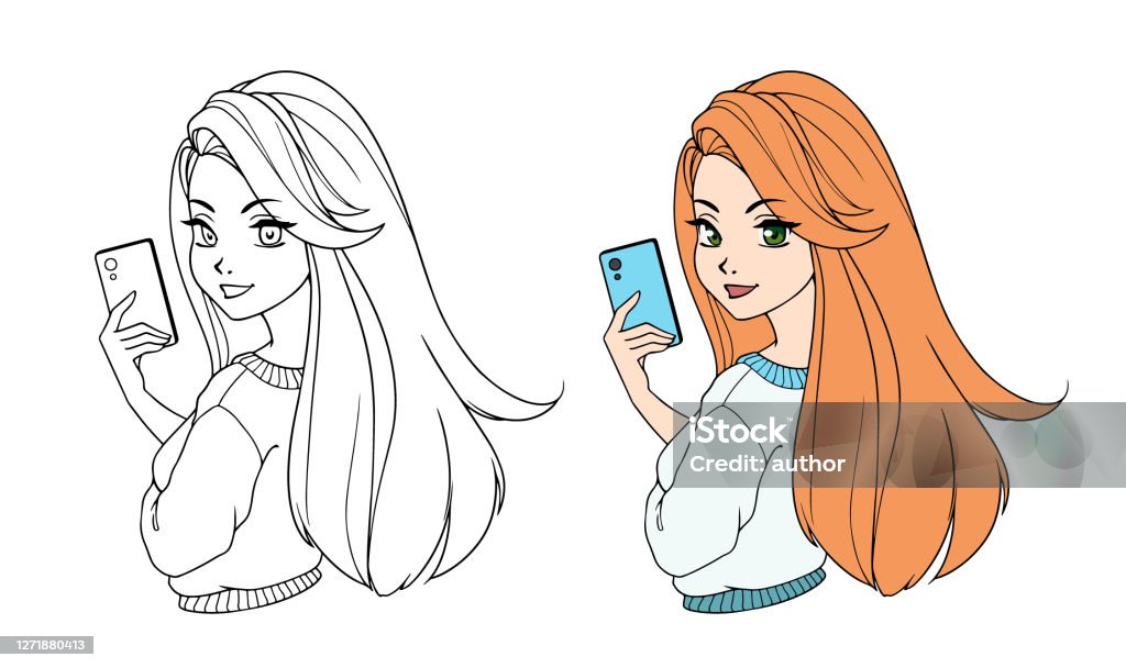 Pretty Cartoon Girl With Long Red Hair Taking Selfie Stock Illustration -  Download Image Now - iStock