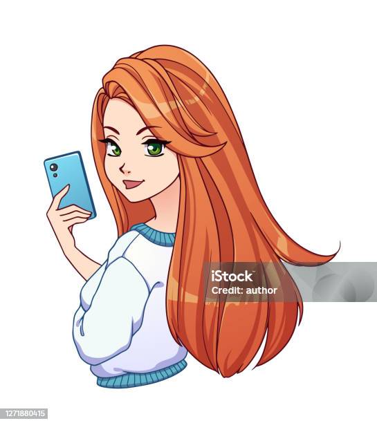 Pretty Cartoon Girl With Long Red Hair Taking Selfie And Wearing White  Shirt Stock Illustration - Download Image Now - iStock