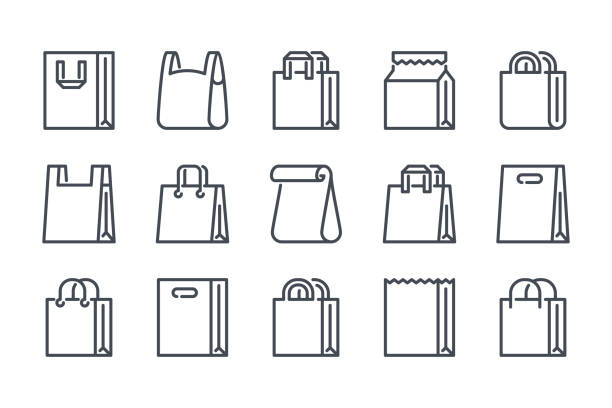 Shopping bag related line icon set. Paper market bag linear icons. Grocery bag outline vector signs and symbols collection. Shopping bag related line icon set. Paper market bag linear icons. Grocery bag outline vector signs and symbols collection. shopping bag stock illustrations