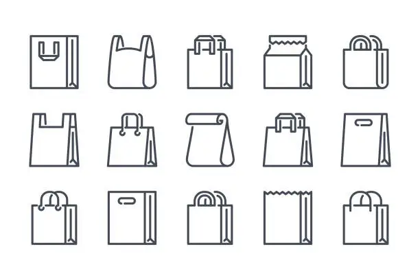 Vector illustration of Shopping bag related line icon set. Paper market bag linear icons. Grocery bag outline vector signs and symbols collection.