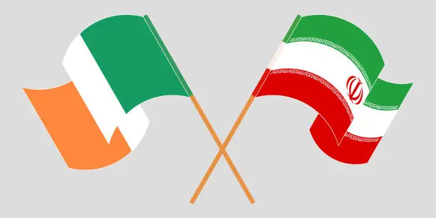 Vector illustration of Crossed and waving flags of Iran and Ireland