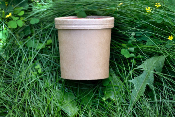 istock Paper cup with a lid. Brown glass on the grass top view. 1271883074