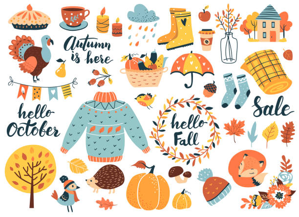 Autumn icons set. Autumn icons set: falling leaves, pumpkins, sweater, cute fox, floral wreath, candles and other. Fall season elements perfect for scrapbook, card, poster, invitation, sticker kit. Vector illustration october illustrations stock illustrations