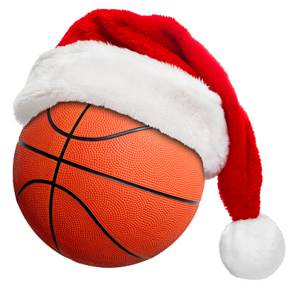 Basketball in a Santa hat isolated on a white background.