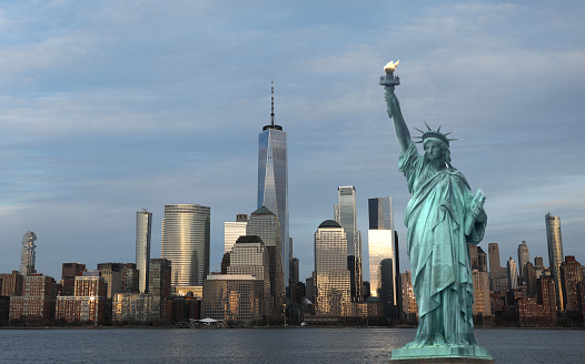 The Statue of Liberty Manhattan downtown skyline cityscape New York City USA