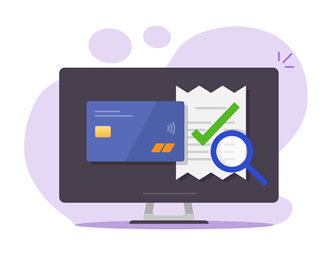 Audit online payment of invoice bill verify vector, tax financial research on computer pc, success fraud evaluation check mark, valid transaction pay receipt flat, authorized money transfer icon